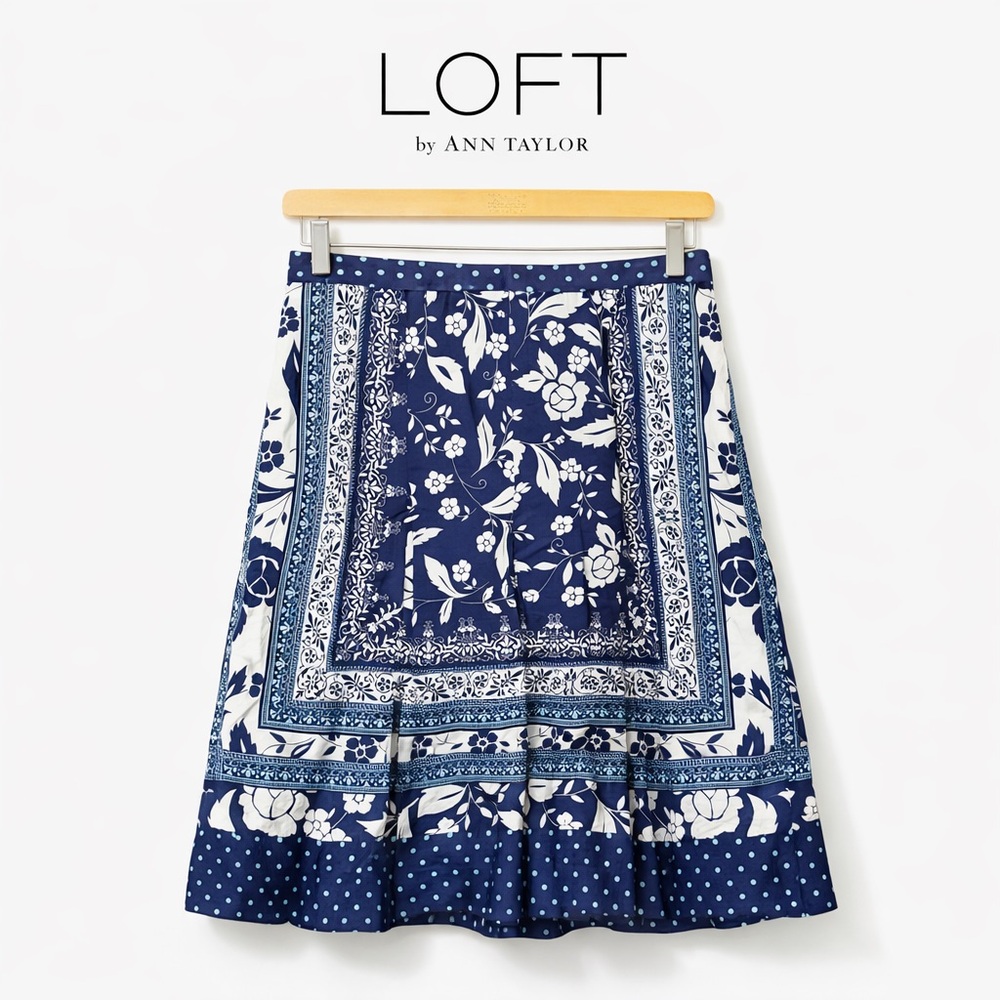 LOFT by Ann Taylor Navy and Light Blue Polka Floral Dot Skirt